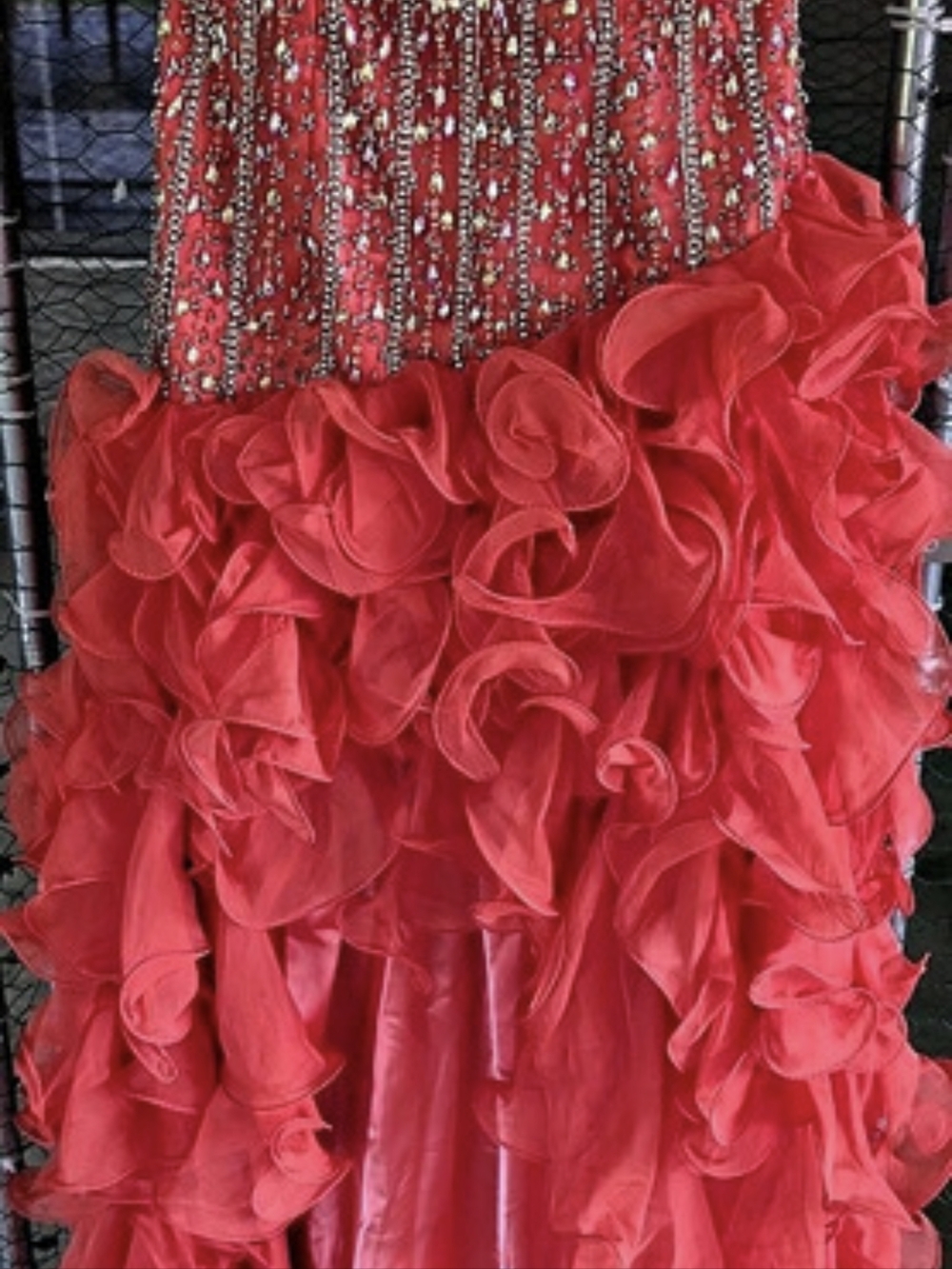 Sherri Hill Embellished Ruffle Hi-Low Hemline Prom Dress Red Size 8 Like New